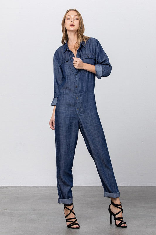 Collared Button Front Tencel Jumpsuit