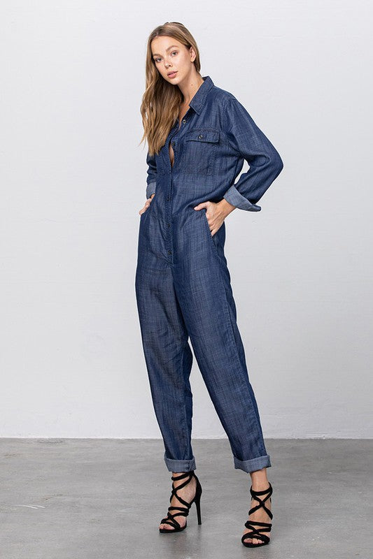 Collared Button Front Tencel Jumpsuit