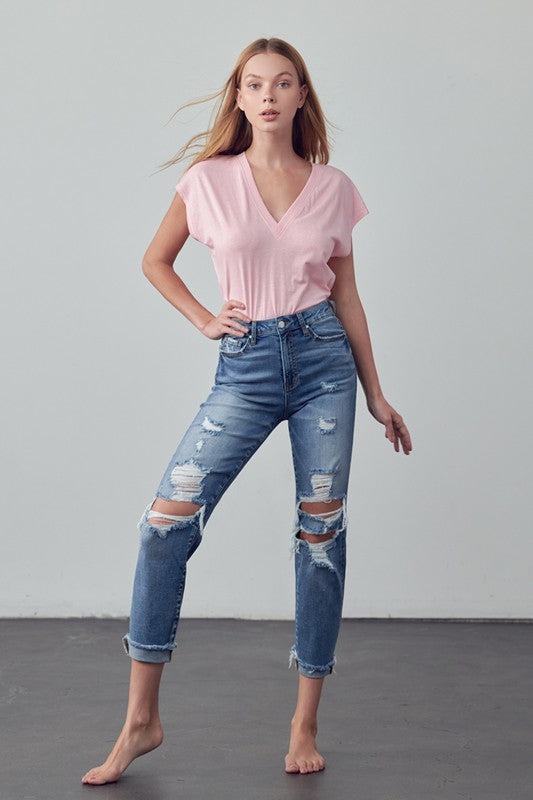 Mid Rise Stretch Raw Hem Ripped Boyfriend Jeans