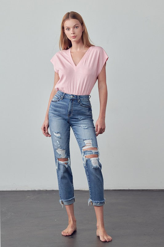 Mid Rise Stretch Raw Hem Ripped Boyfriend Jeans