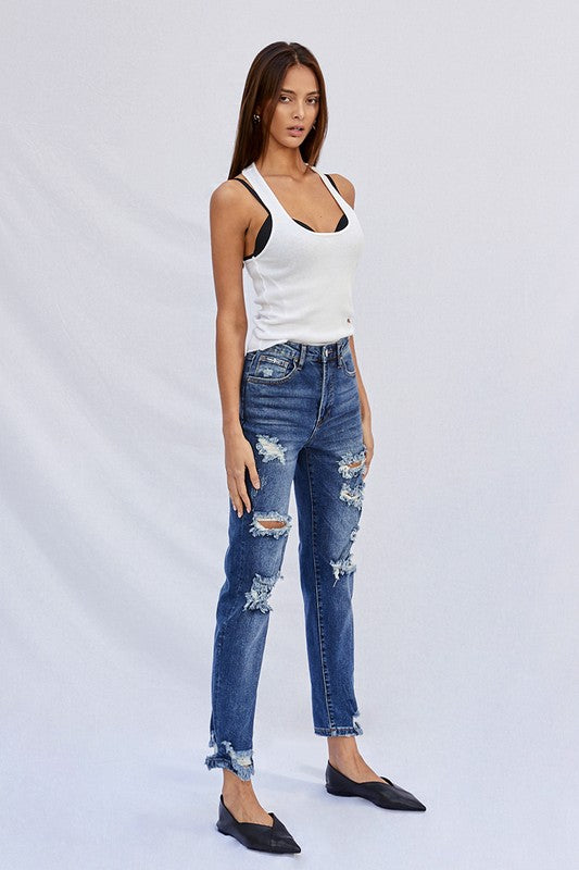 High Waist Ripped Boyfriend Jeans