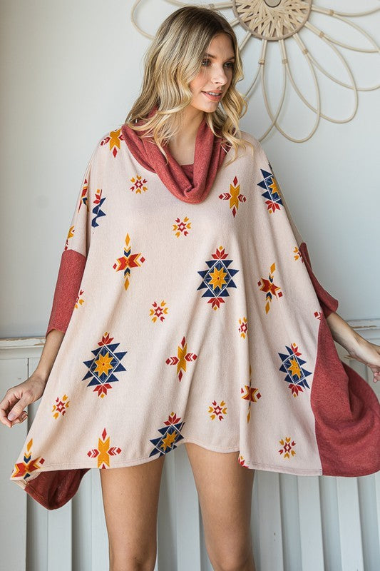 AZTEC PRINT COWL NECK OVERSIZED PONCHO