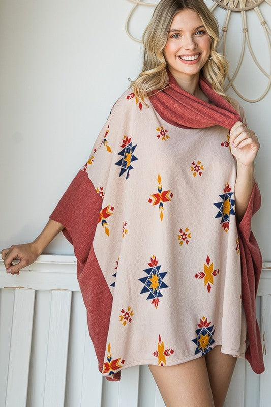 AZTEC PRINT COWL NECK OVERSIZED PONCHO