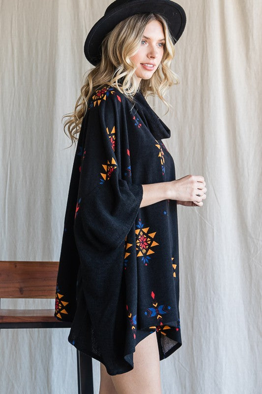 AZTEC PRINT COWL NECK OVERSIZED PONCHO