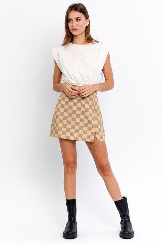 Checkerboard Print Slit Mini Skirt - Azoroh