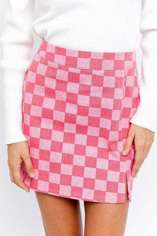 Checkerboard Print Slit Mini Skirt - Azoroh