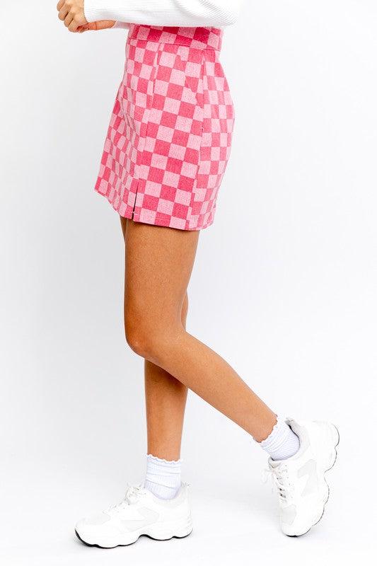 Checkerboard Print Slit Mini Skirt - Azoroh