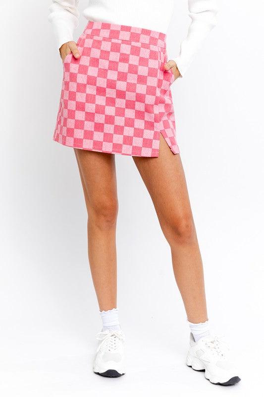 Checkerboard Print Slit Mini Skirt - Azoroh