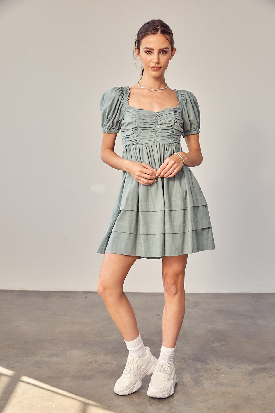 Front Ruched Detail Puff Sleeve Dress - Azoroh