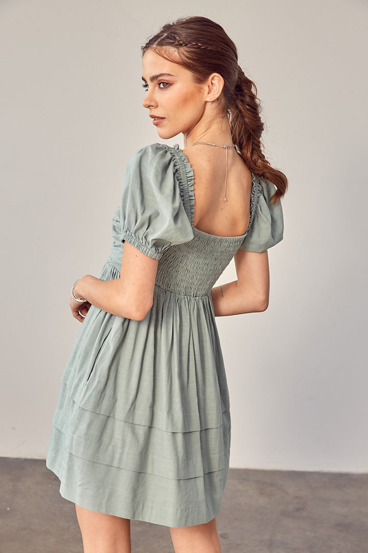 Front Ruched Detail Puff Sleeve Dress - Azoroh