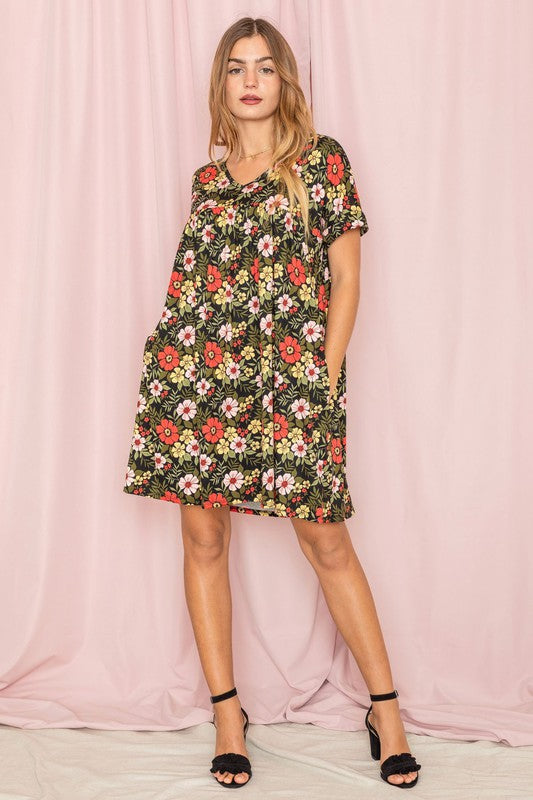 V-Neck Floral Baby Doll Dress