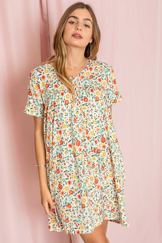 V-Neck Floral Baby Doll Dress