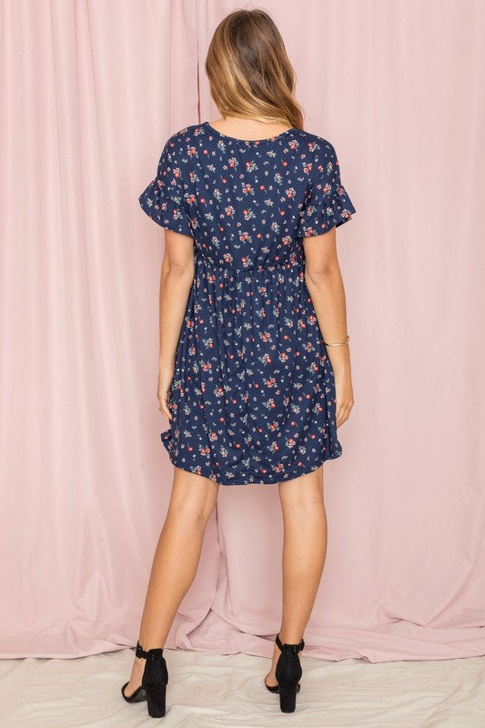 Ditsy Floral Ruffle Chest Pocket Dress