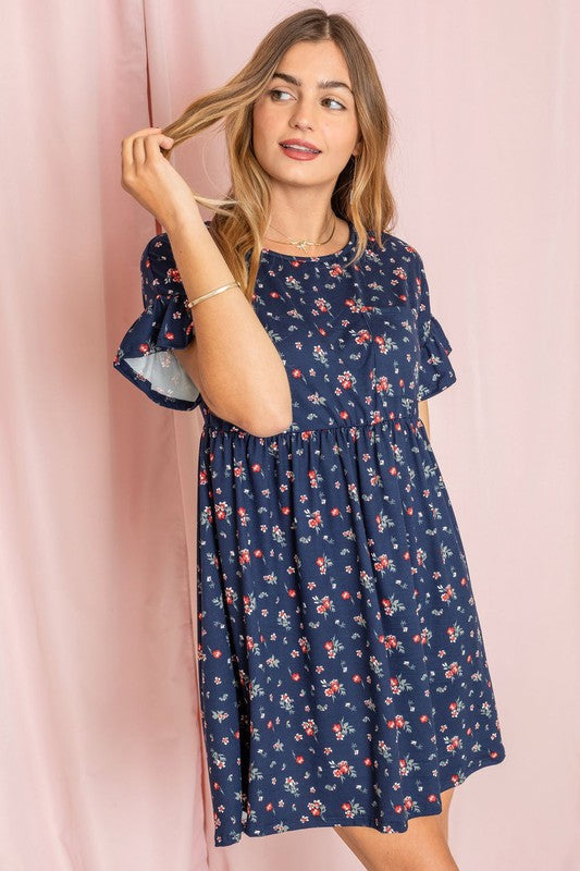 Ditsy Floral Ruffle Chest Pocket Dress