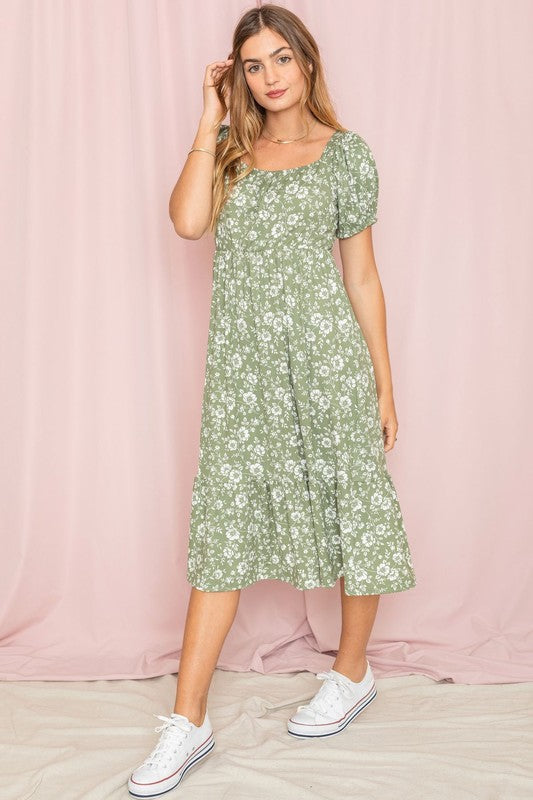 Floral Square Neck Puff Sleeve Boho Dress