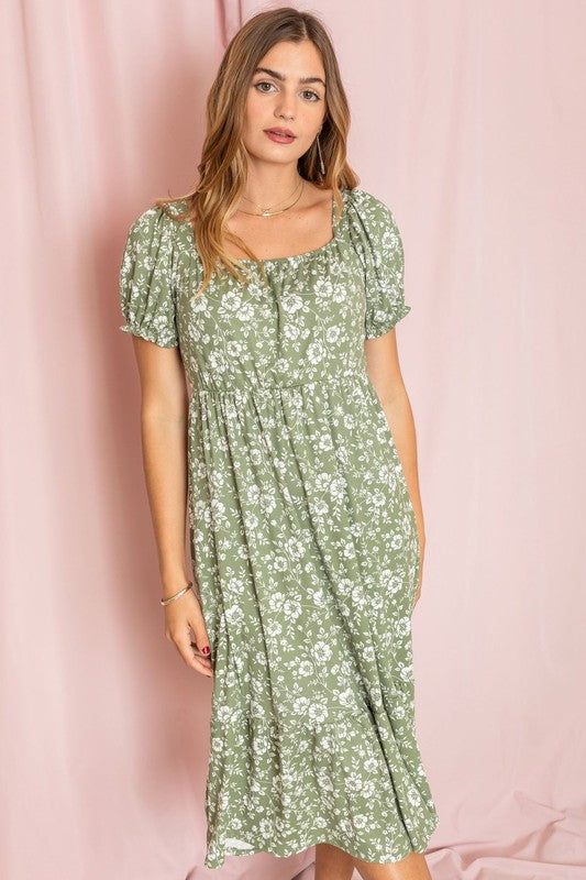 Floral Square Neck Puff Sleeve Boho Dress