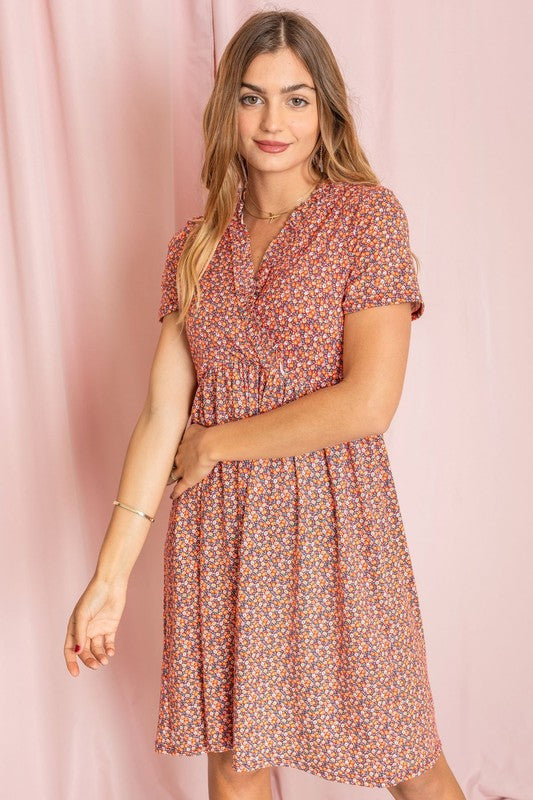 Floral Surplice Ruffle Hem Dress