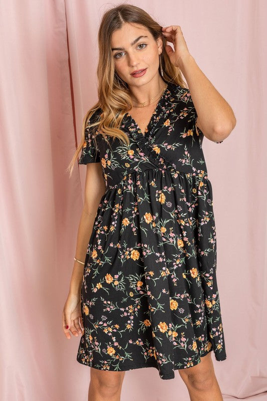 Floral Surplice Ruffle Hem Dress