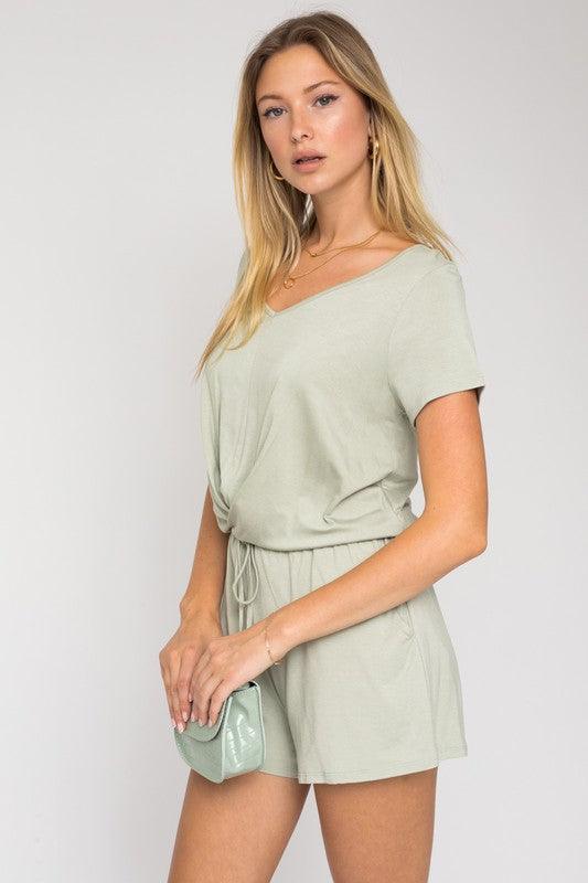 S/S V-Neck Front Overlap Romper - Azoroh