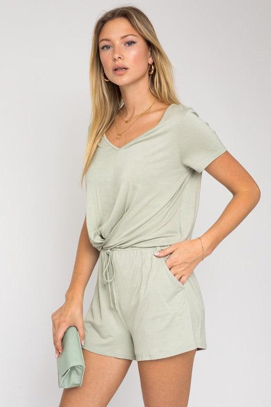 S/S V-Neck Front Overlap Romper - Azoroh