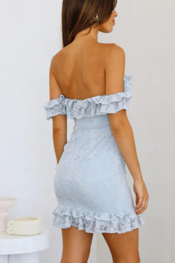 Ruffle Lace off The Shoulder mini Bodycon Dress - Azoroh