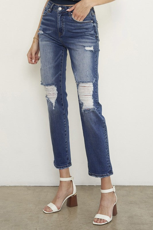 Dark Wash Distressed Boyfriend Jeans