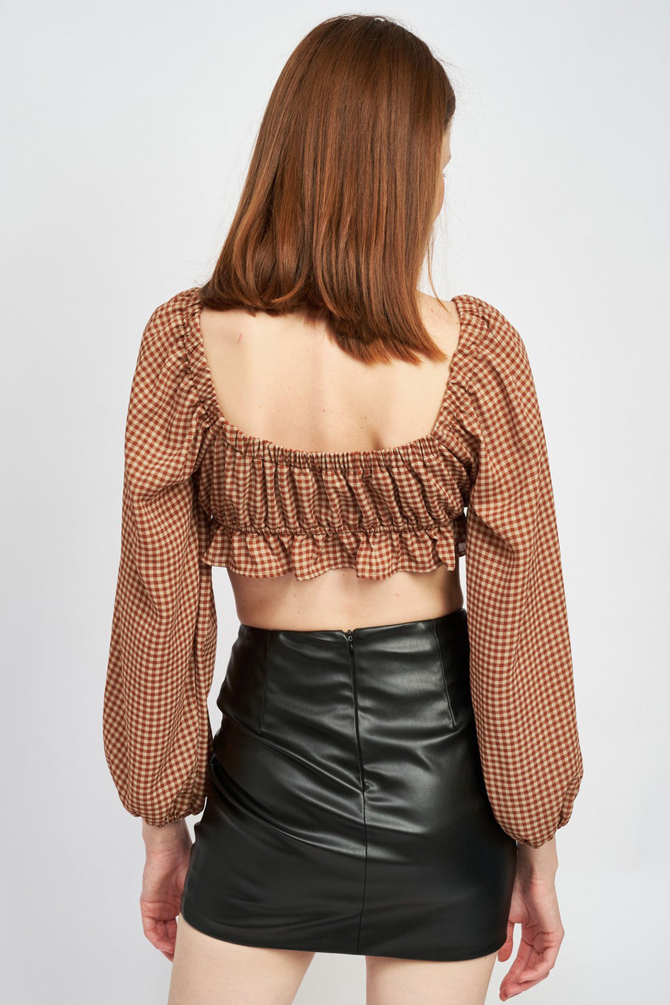 Gingham Square Neck Crop Top With Ruffle Detail - Azoroh