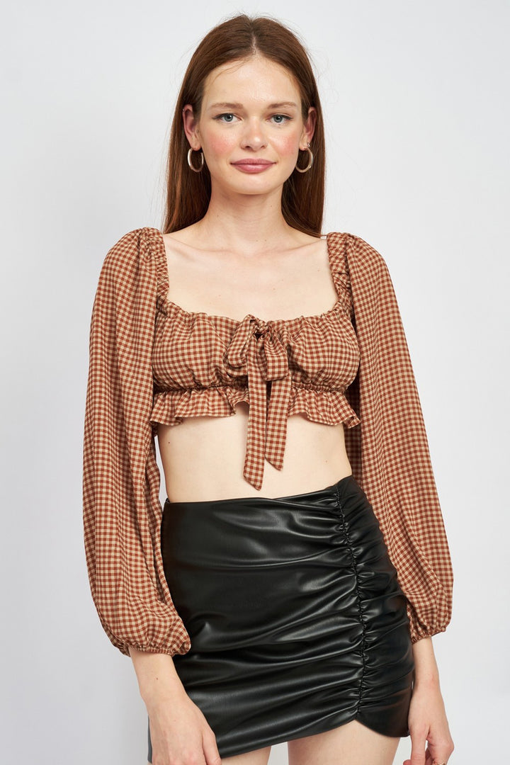 Gingham Square Neck Crop Top With Ruffle Detail - Azoroh