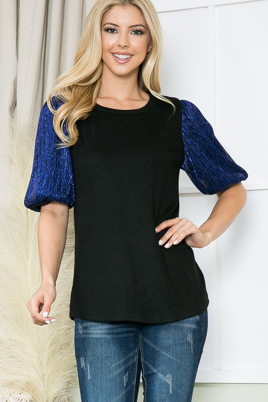 Pleat Bubble Sleeve Knit Top-Royal Blue