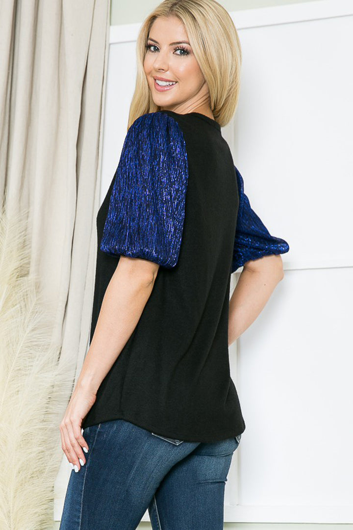 Pleat Bubble Sleeve Knit Top-Royal Blue