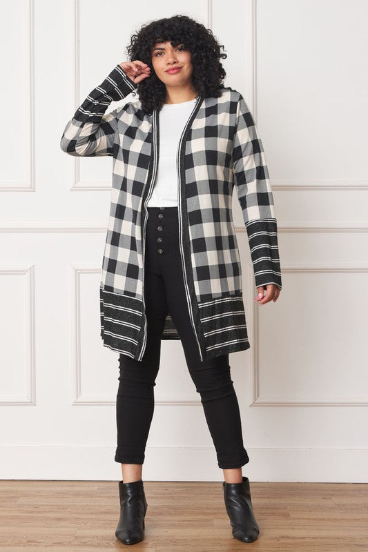 Long Buffalo Plaid Stripe Trim Open Cardigan