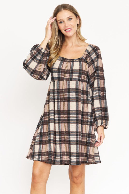 Plaid Balloon Sleeve Midi Dress