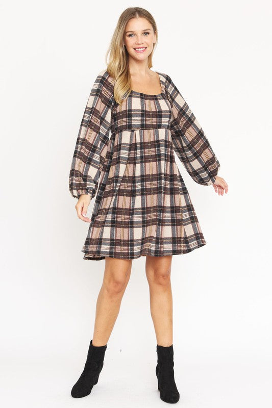 Plaid Balloon Sleeve Midi Dress