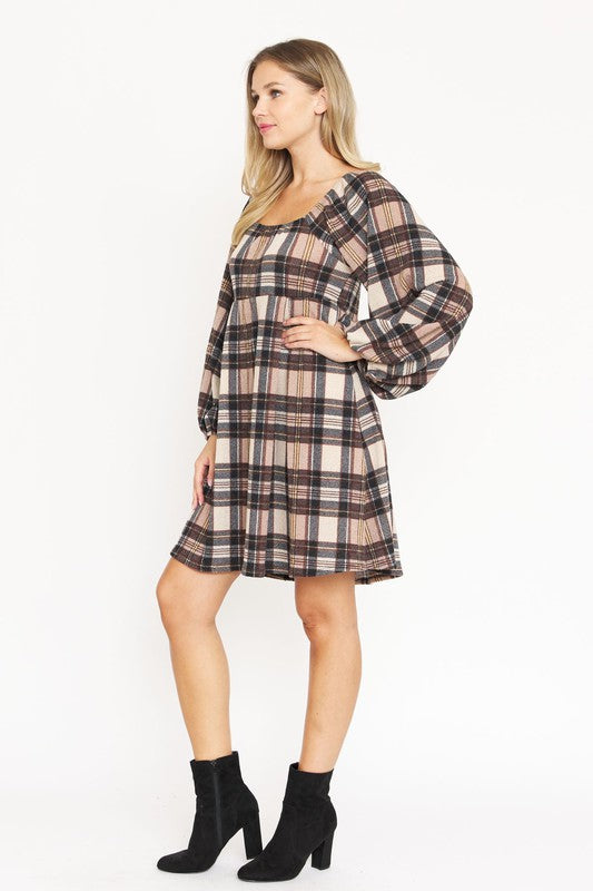 Plaid Balloon Sleeve Midi Dress