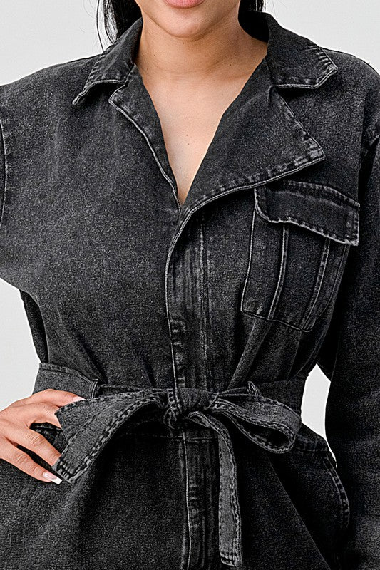 ATHINA BLACK WASHED DENIM TIE DETAIL JUMPSUIT