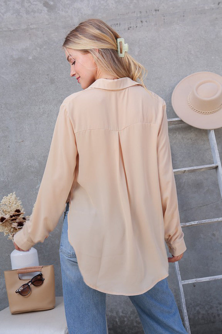 Oversized Long Sleeve Button Down Chiffon Blouse - Azoroh