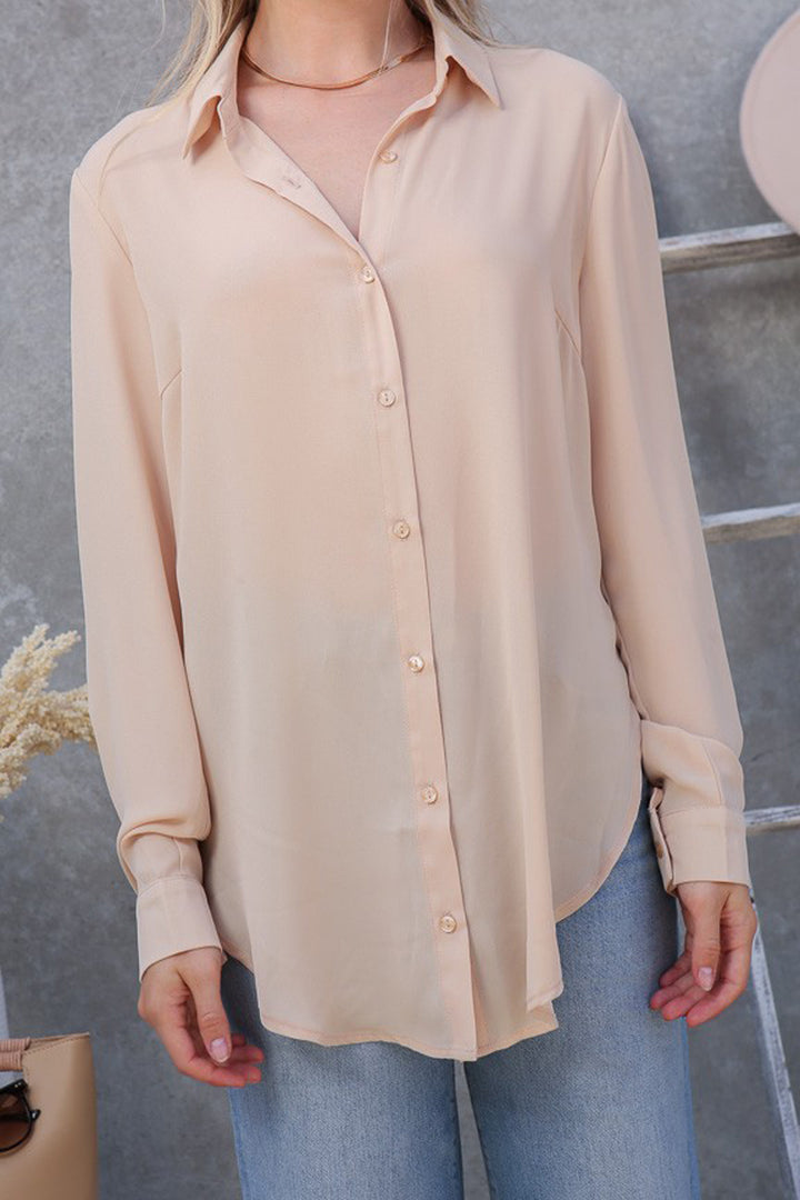 Oversized Long Sleeve Button Down Chiffon Blouse - Azoroh