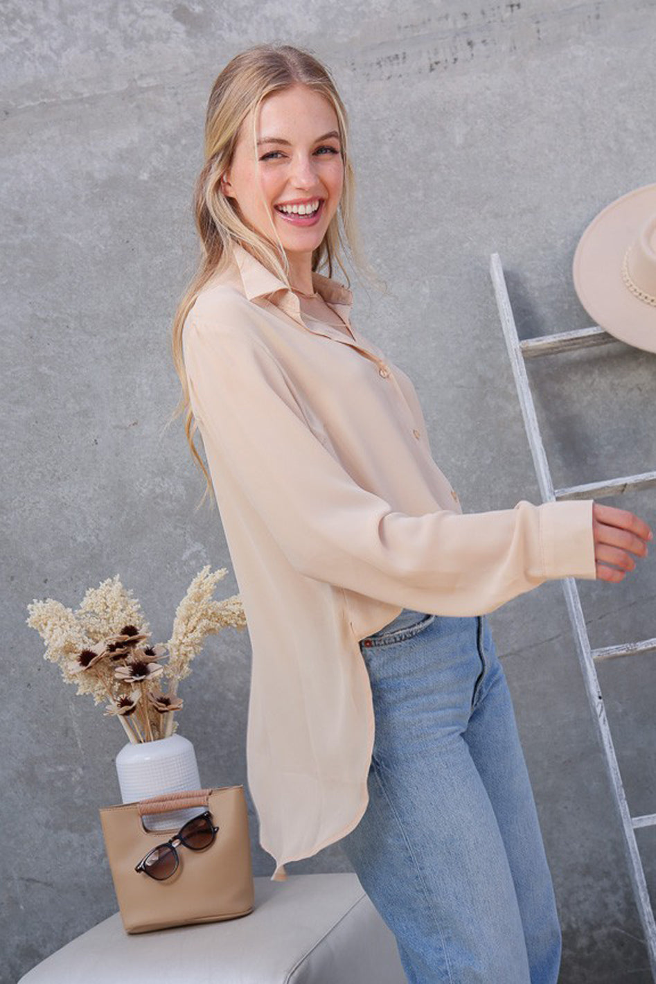 Oversized Long Sleeve Button Down Chiffon Blouse - Azoroh