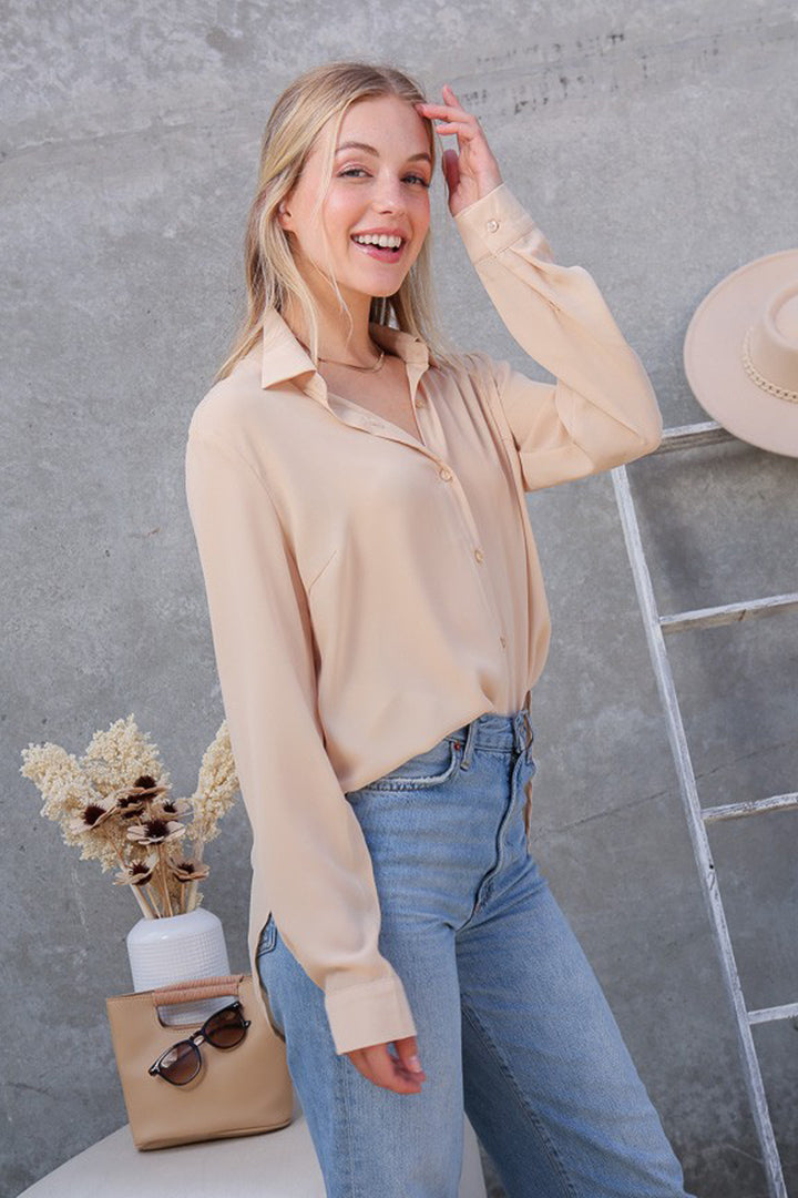 Oversized Long Sleeve Button Down Chiffon Blouse - Azoroh