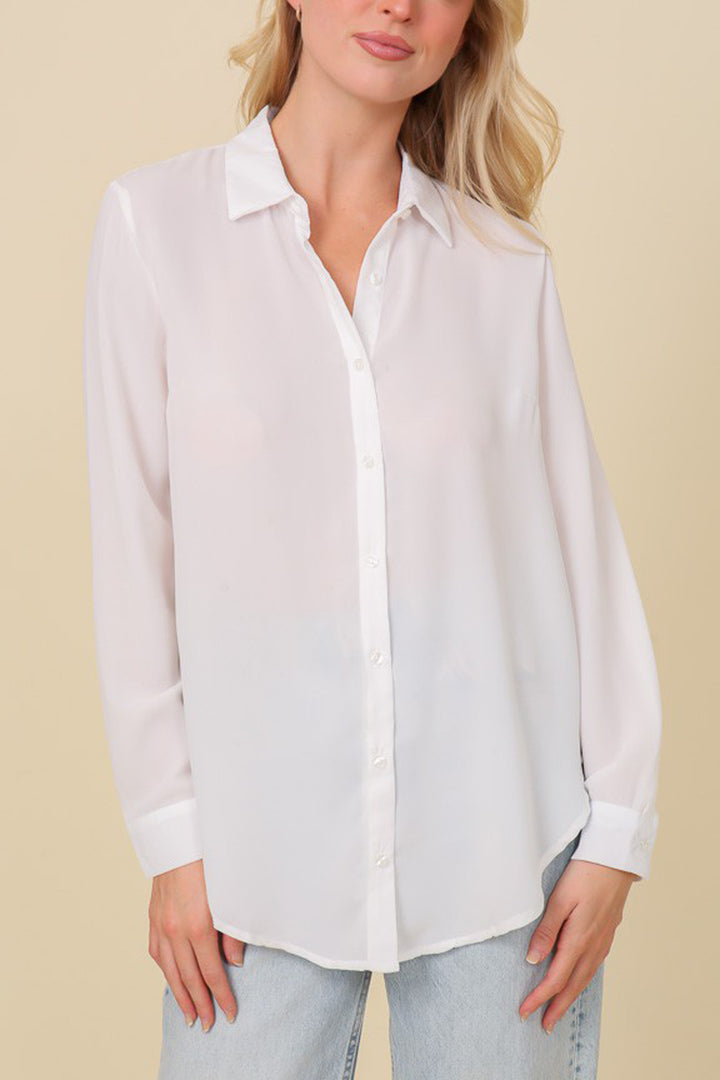 Oversized Long Sleeve Button Down Chiffon Blouse - Azoroh