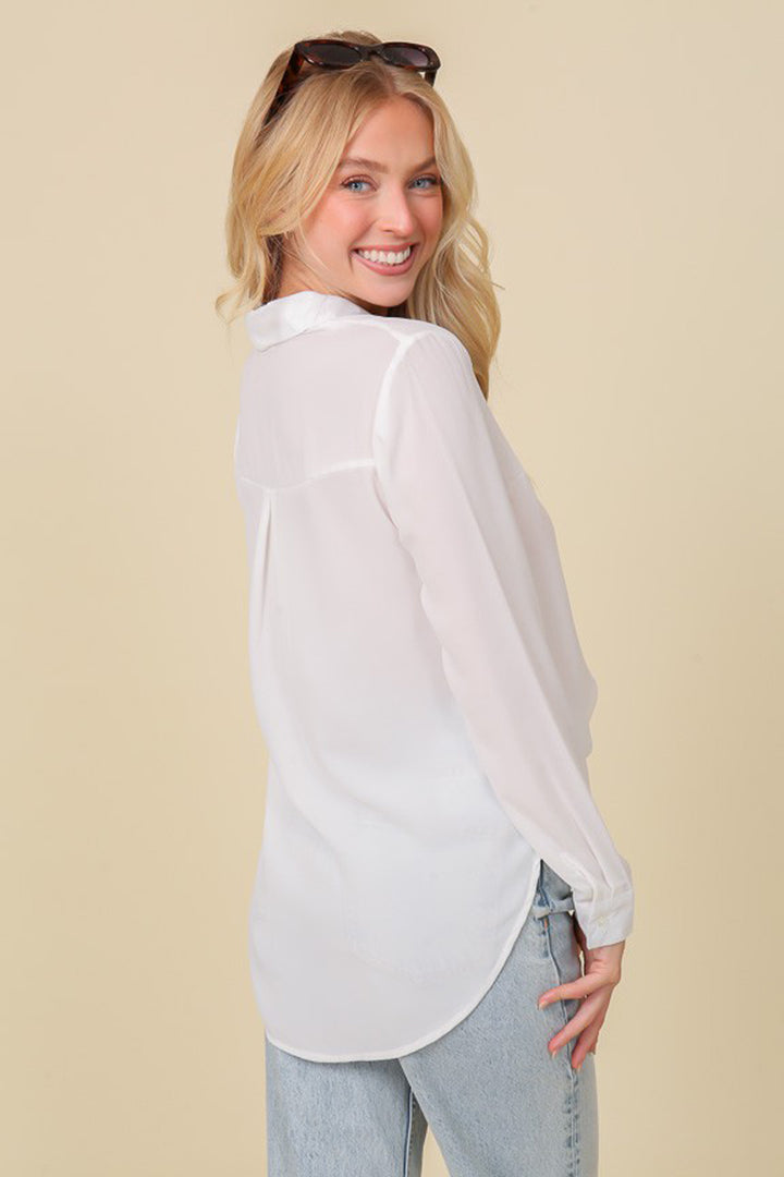 Oversized Long Sleeve Button Down Chiffon Blouse - Azoroh