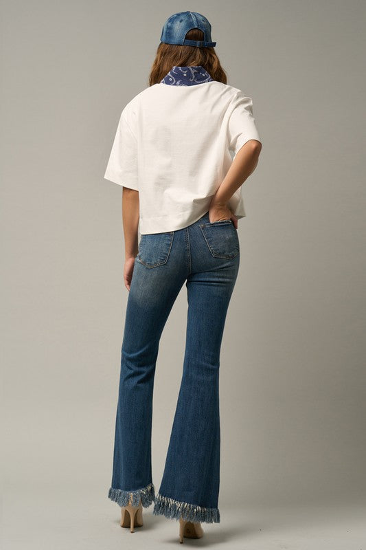 MID-RISE WIDE ELASTIC BANDED FLARE JEANS