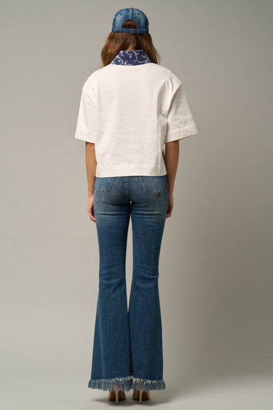 MID-RISE WIDE ELASTIC BANDED FLARE JEANS