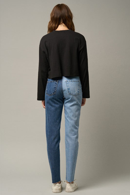 HIGH RISE TOW TONE STRAIGHT JEANS