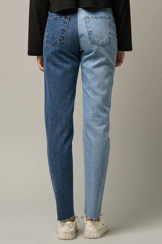 HIGH RISE TOW TONE STRAIGHT JEANS