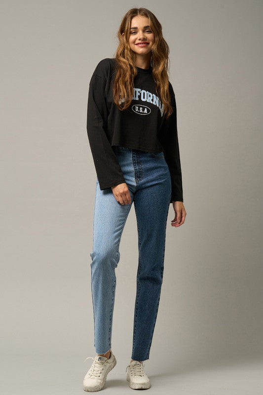 HIGH RISE TOW TONE STRAIGHT JEANS