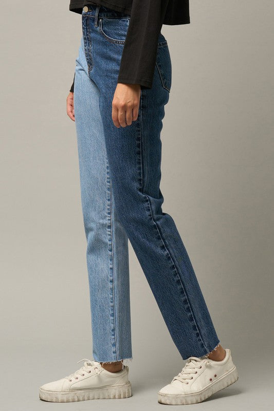 High Waist Two Tone Raw Hem Straight Jeans