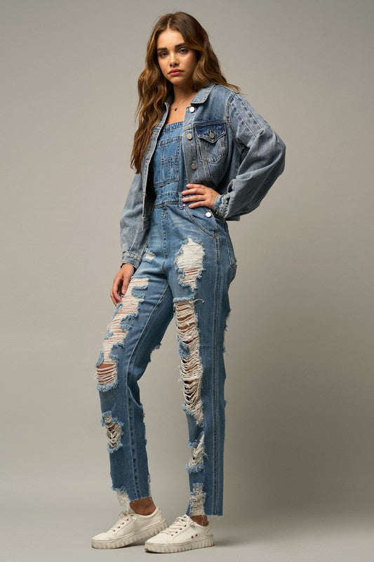 High Waist Heavy Distressed Straight Overalls