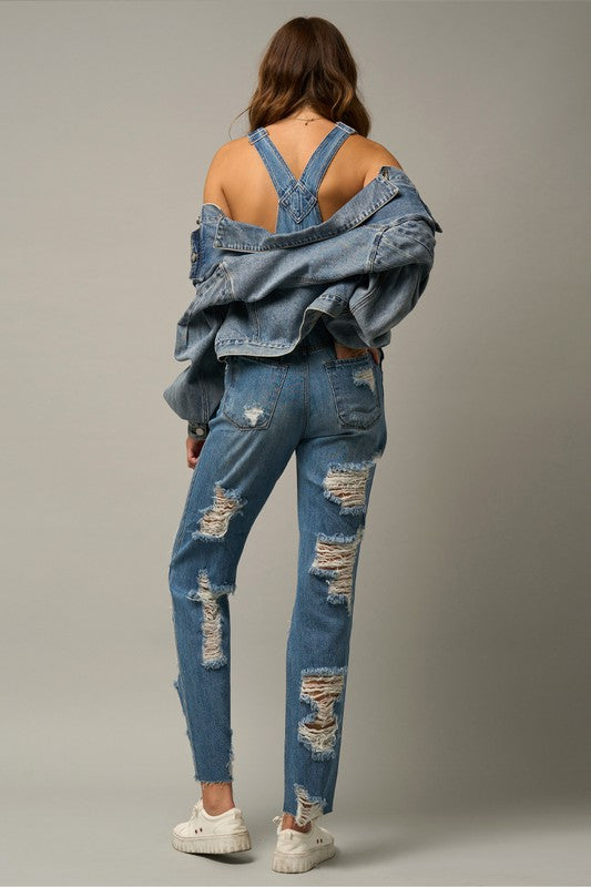 High Waist Heavy Distressed Straight Overalls