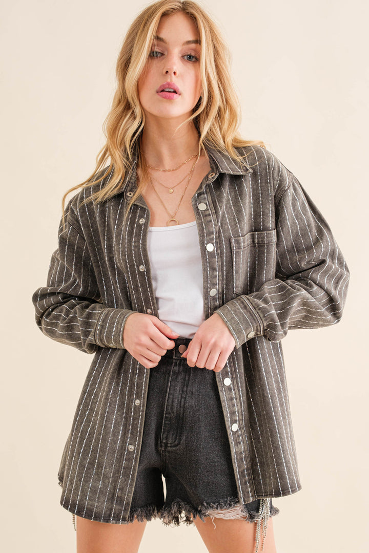 Sparkle Stone Stripe Denim Jacket - Azoroh